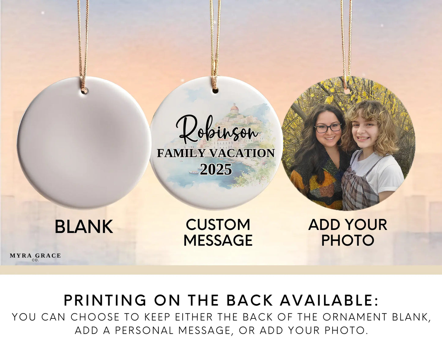 Custom Amalfi Coast Italy ceramic photo ornament with personalized message – handmade Christmas bauble, gift souvenir, or vacation keepsake.  add your photo