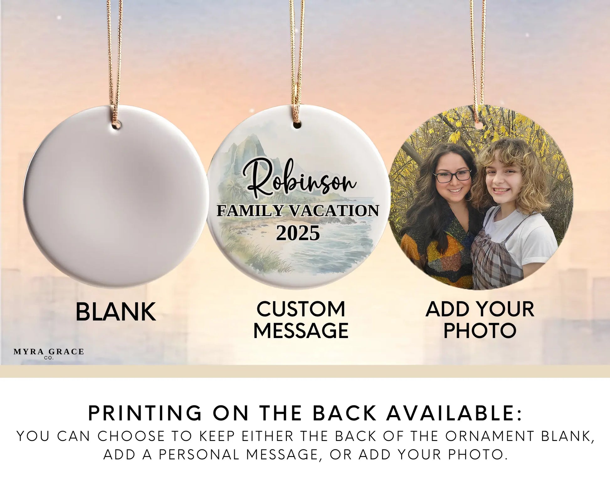 Custom Kauai Hawaii ceramic photo ornament with personalized message – handmade Christmas bauble, gift souvenir, or vacation keepsake.  Add photo to back
