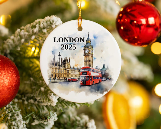 Custom London UK ceramic photo ornament with personalized message – handmade Christmas bauble, gift souvenir, or vacation keepsake.  