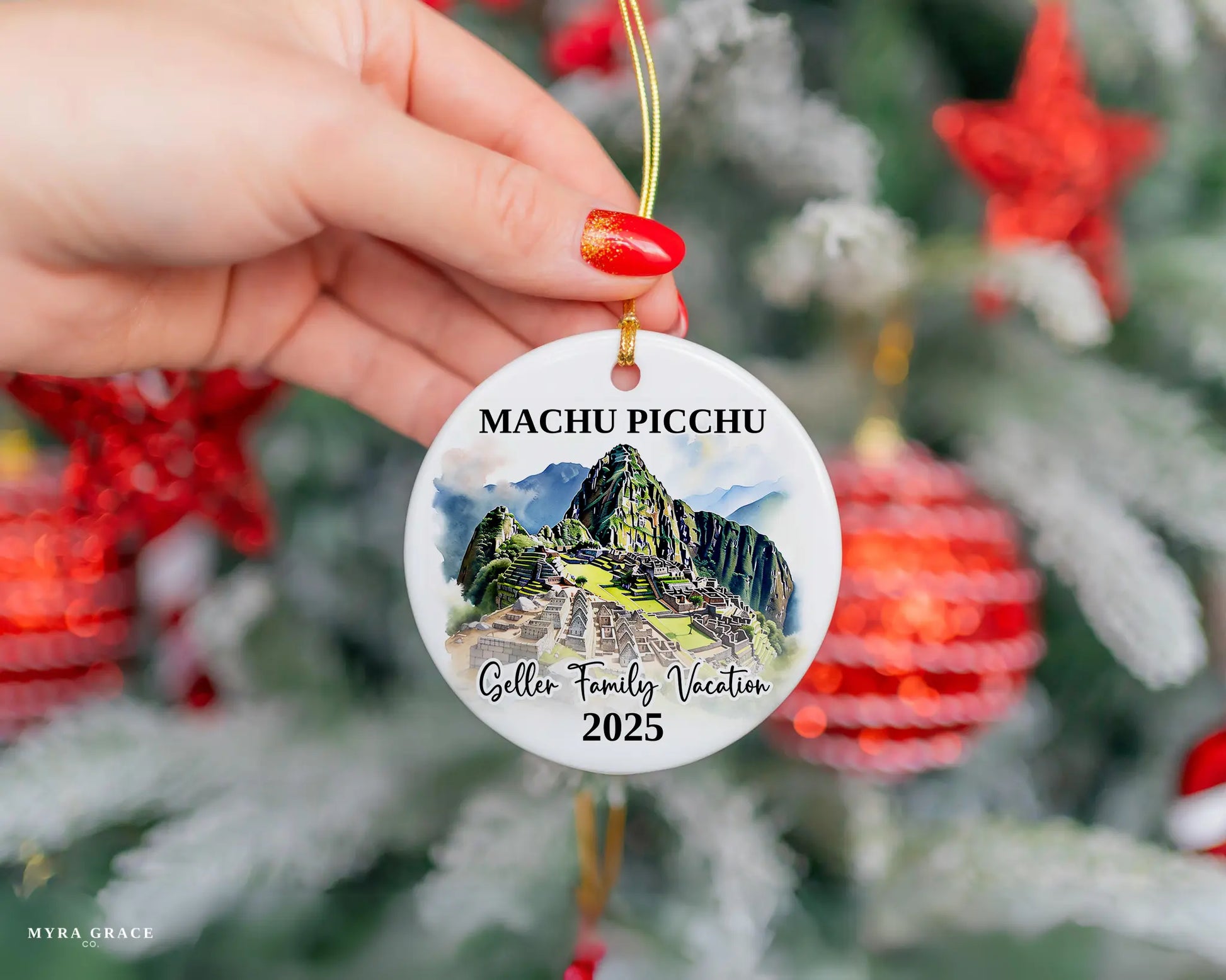Custom vacation Machu Picchu ceramic photo ornament with personalized message – handmade Christmas bauble, gift souvenir, or vacation keepsake. 