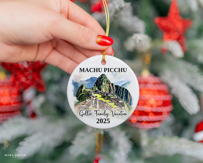 Custom vacation Machu Picchu ceramic photo ornament with personalized message – handmade Christmas bauble, gift souvenir, or vacation keepsake. 