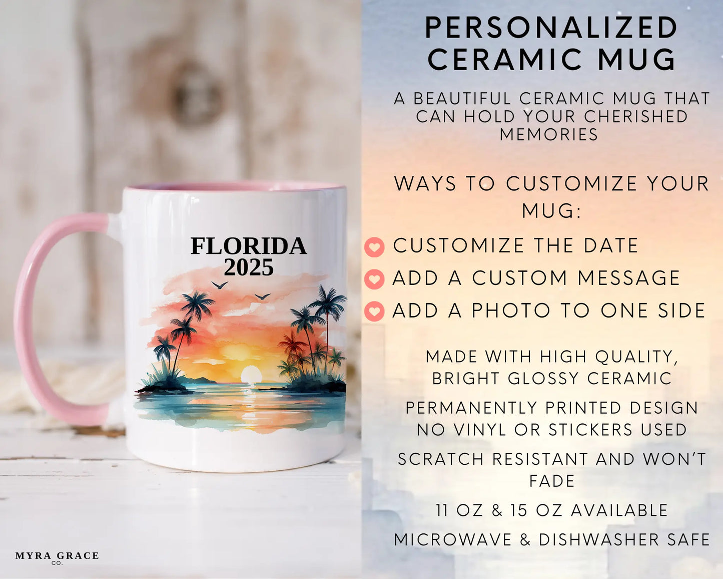 Custom ceramic Florida vacation mug with watercolor location design, date, and personal photo – personalized travel gift or photo mug. Infographic