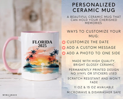 Custom ceramic Florida vacation mug with watercolor location design, date, and personal photo – personalized travel gift or photo mug. Infographic