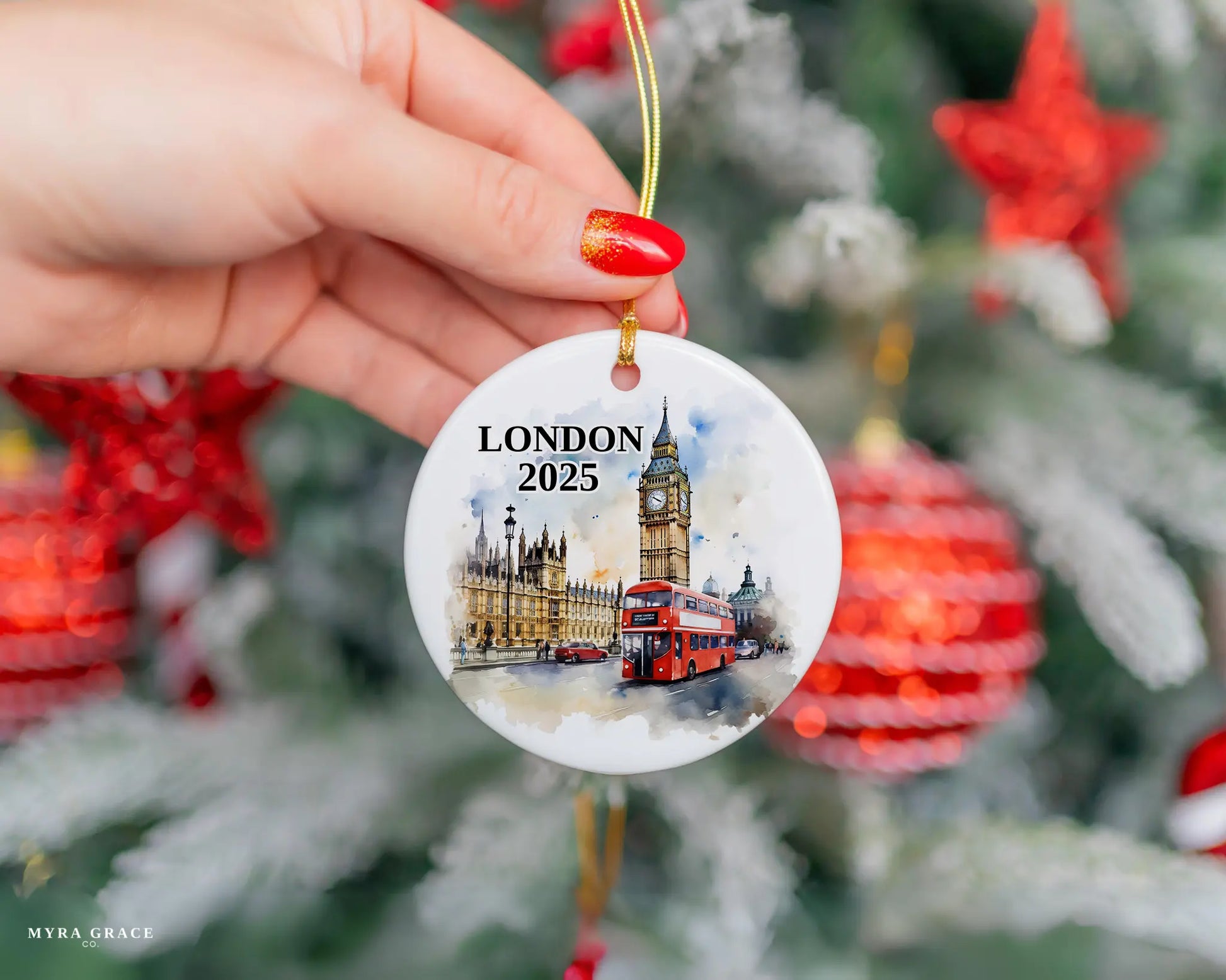 Custom London UK ceramic photo ornament with personalized message – handmade Christmas bauble, gift souvenir, or vacation keepsake.  