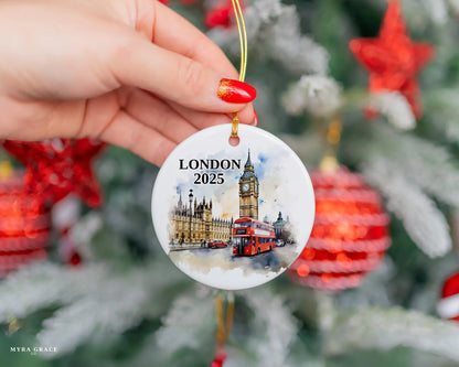 Custom London UK ceramic photo ornament with personalized message – handmade Christmas bauble, gift souvenir, or vacation keepsake.  