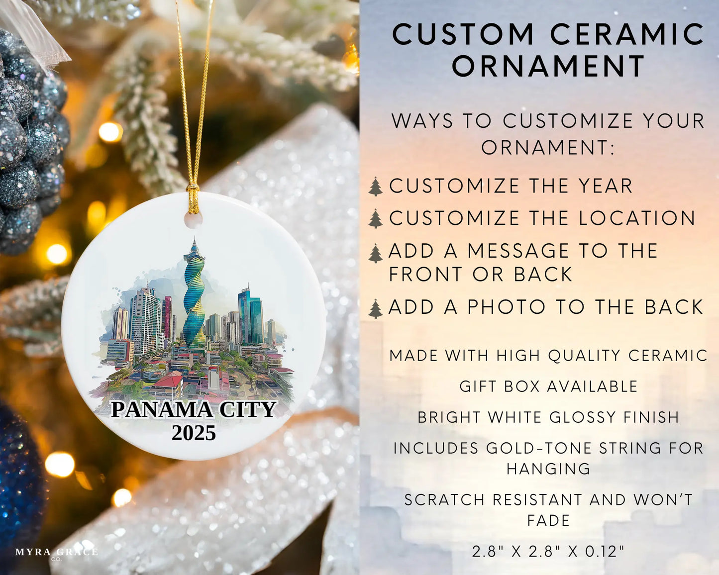 Custom Panama City ceramic photo ornament with personalized message – handmade Christmas bauble, gift souvenir, or vacation keepsake. Infographic