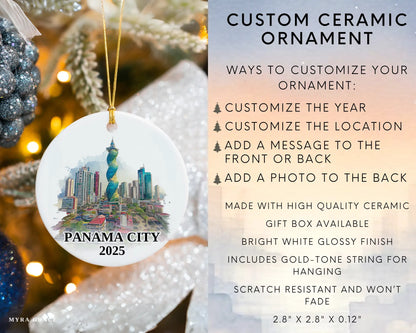 Custom Panama City ceramic photo ornament with personalized message – handmade Christmas bauble, gift souvenir, or vacation keepsake. Infographic