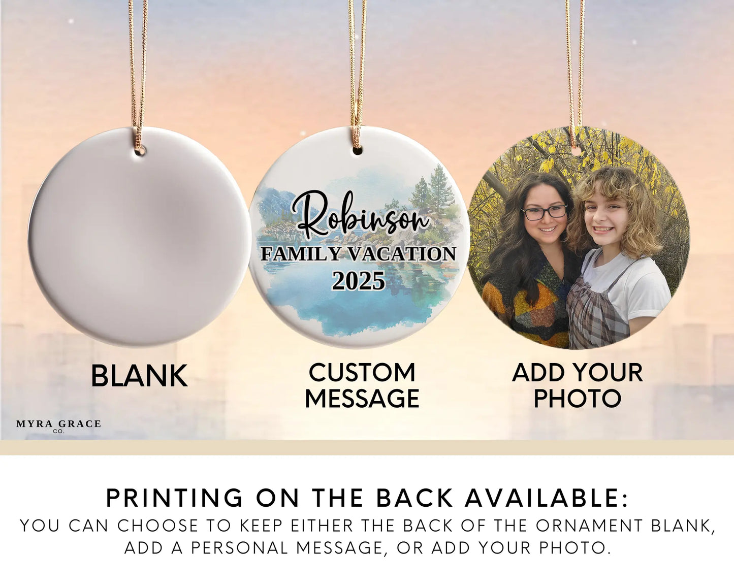 Custom Lake Tahoe California Nevada ceramic photo ornament with personalized message – handmade Christmas bauble, gift souvenir, or vacation keepsake.  add your photo