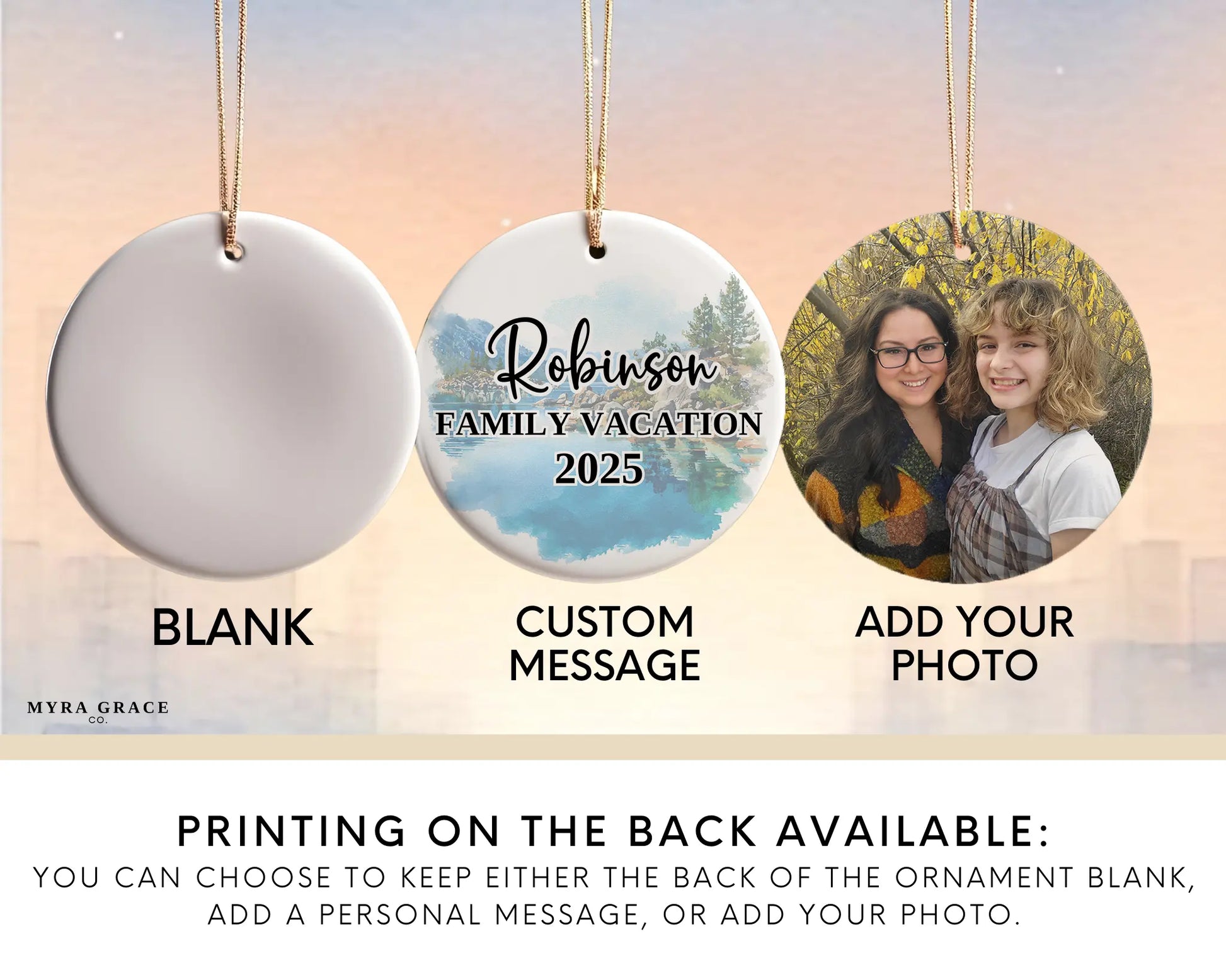 Custom Lake Tahoe California Nevada ceramic photo ornament with personalized message – handmade Christmas bauble, gift souvenir, or vacation keepsake.  add your photo