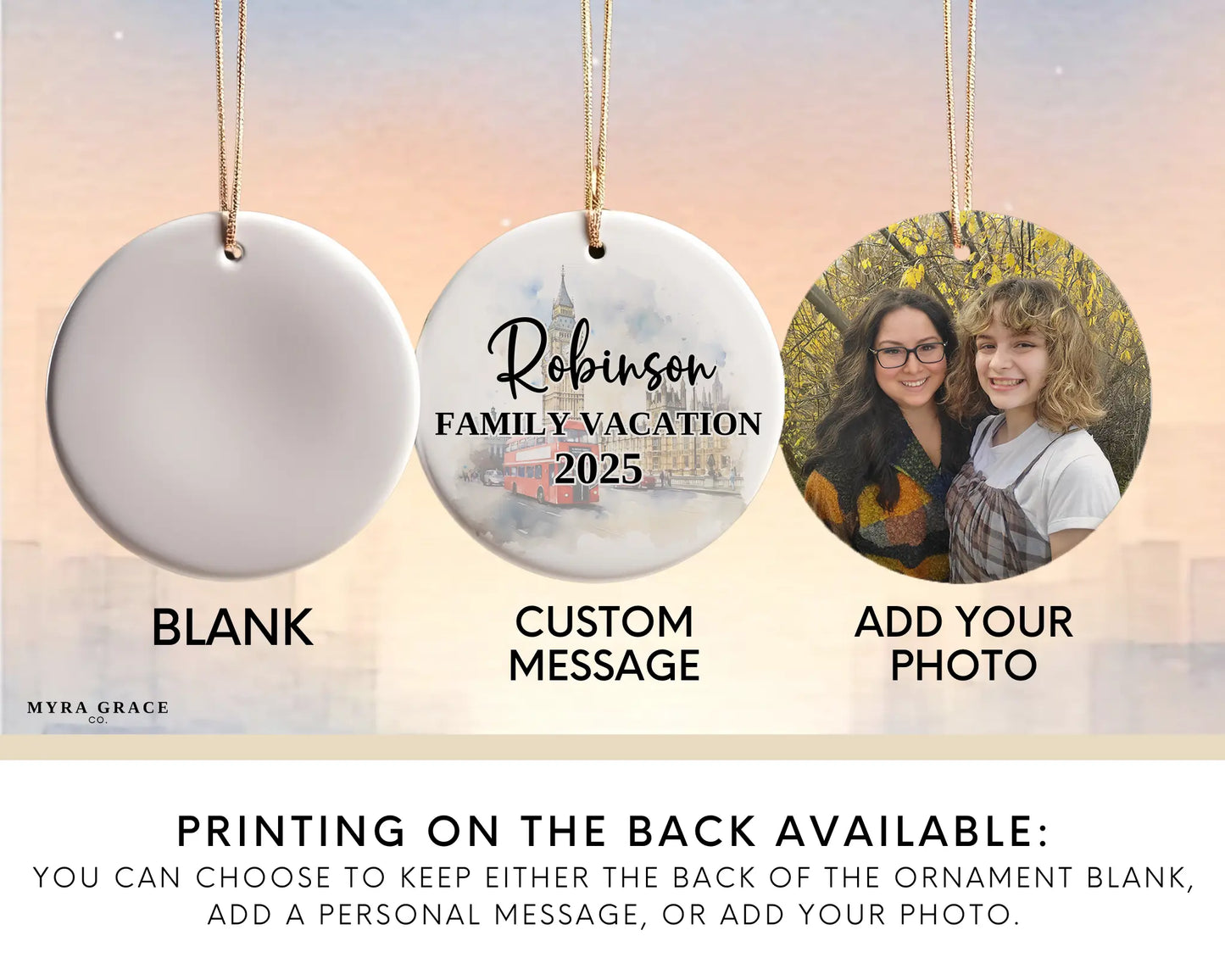 Custom London UK ceramic photo ornament with personalized message – handmade Christmas bauble, gift souvenir, or vacation keepsake.  Add your photo