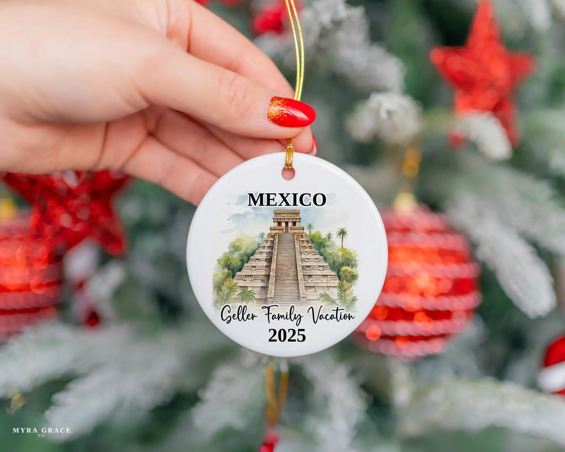 Custom vacation Mexico Pyramids ceramic photo ornament with personalized message – handmade Christmas bauble, gift souvenir, or vacation keepsake. 