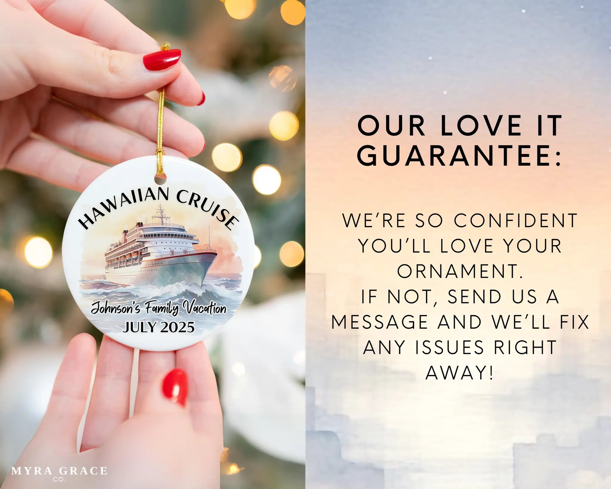 Handmade ceramic Hawaii cruise ornament with personalized location and photo – custom Christmas bauble or cruise vacation souvenir. Love it guarantee