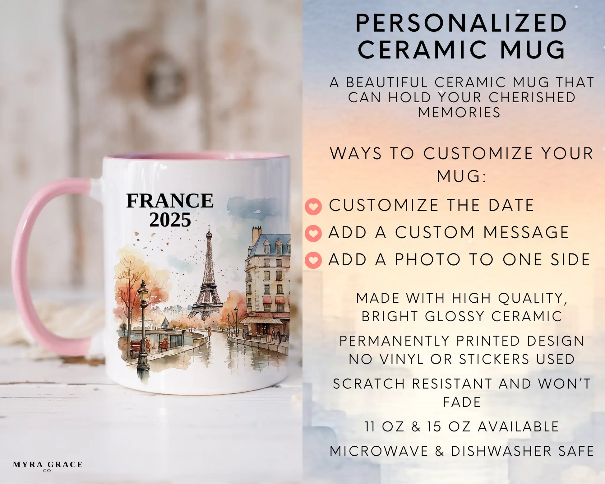 Custom ceramic France vacation mug with watercolor location design, date, and personal photo – personalized travel gift or photo mug. Infographic