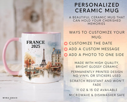 Custom ceramic France vacation mug with watercolor location design, date, and personal photo – personalized travel gift or photo mug. Infographic