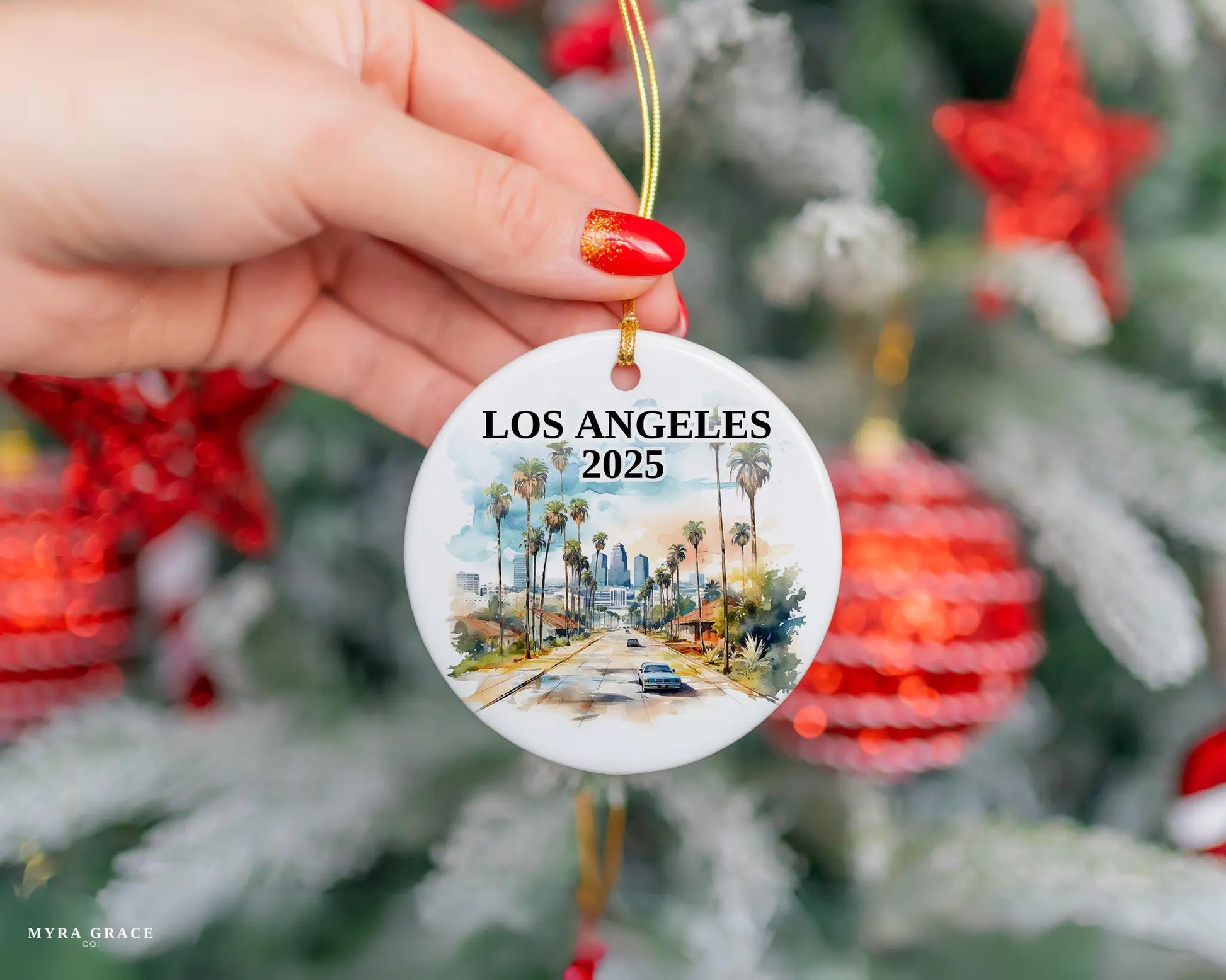 Custom Los Angeles California ceramic photo ornament with personalized message – handmade Christmas bauble, gift souvenir, or vacation keepsake.  