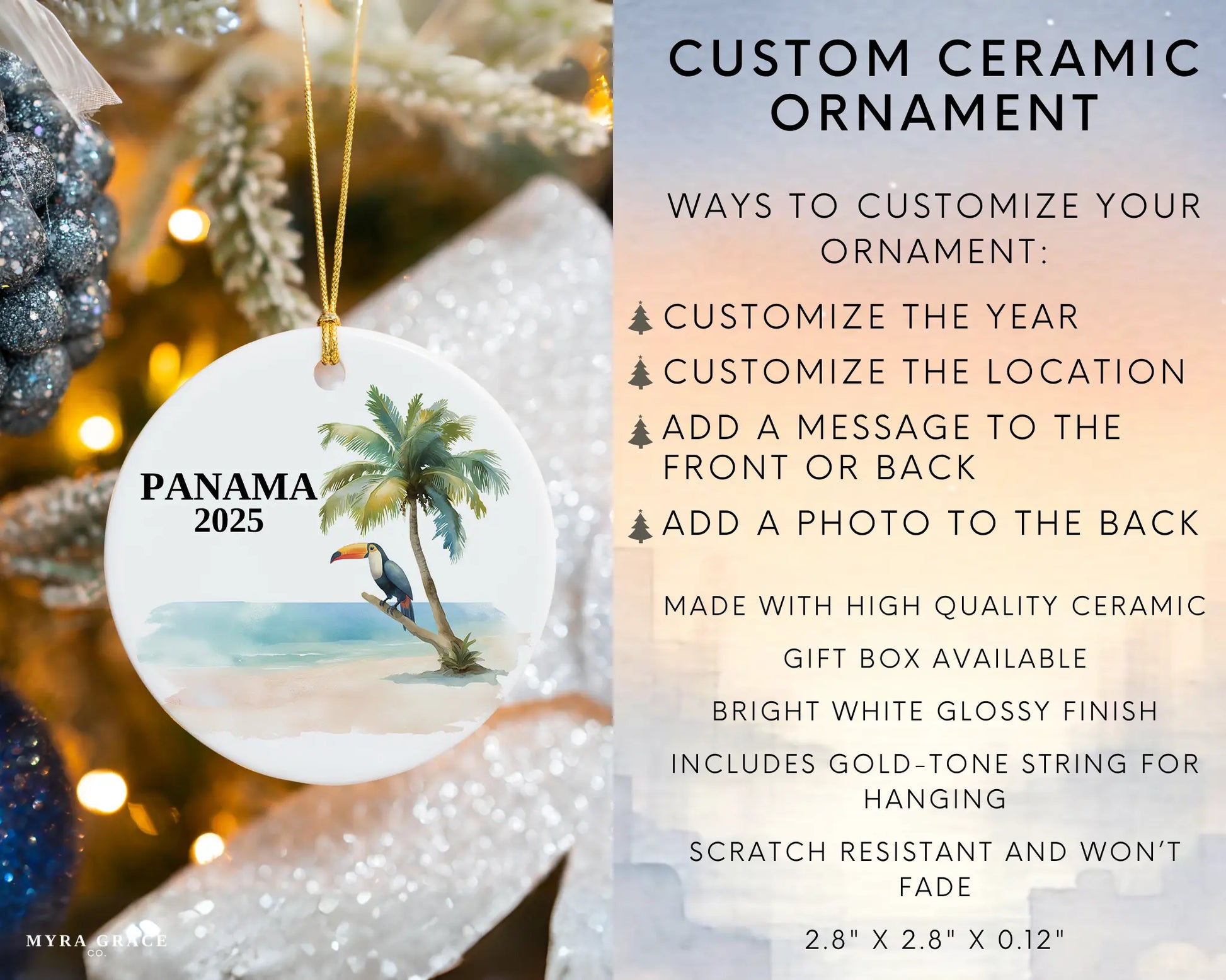 Custom Panama ceramic photo ornament with personalized message – handmade Christmas bauble, gift souvenir, or vacation keepsake. Infographic