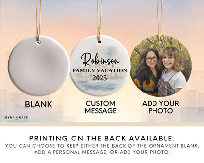 Custom Marseilles France ceramic photo ornament with personalized message – handmade Christmas bauble, gift souvenir, or vacation keepsake.  Add your photo