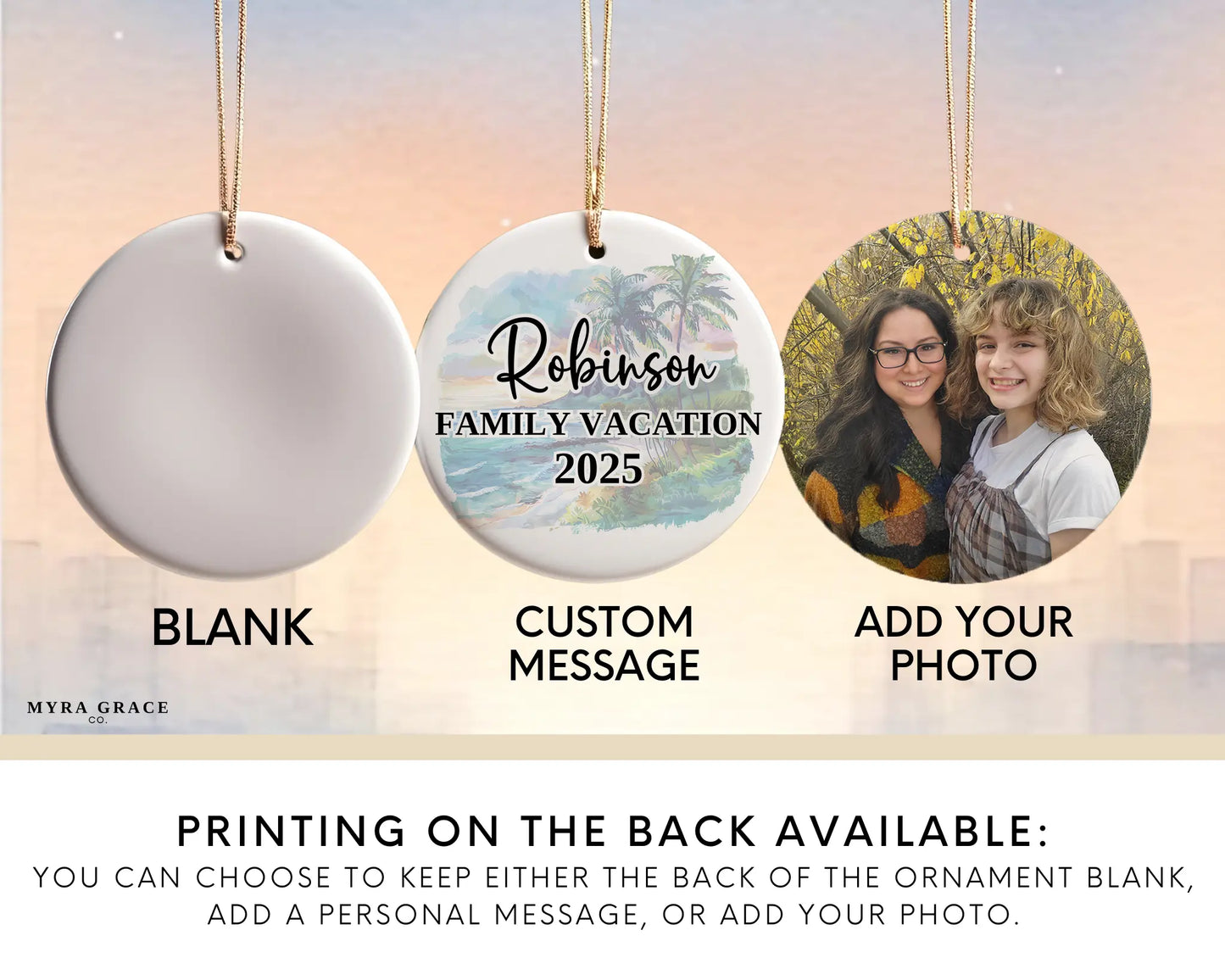 Custom Maui Hawaii ceramic photo ornament with personalized message – handmade Christmas bauble, gift souvenir, or vacation keepsake.  Add your photo