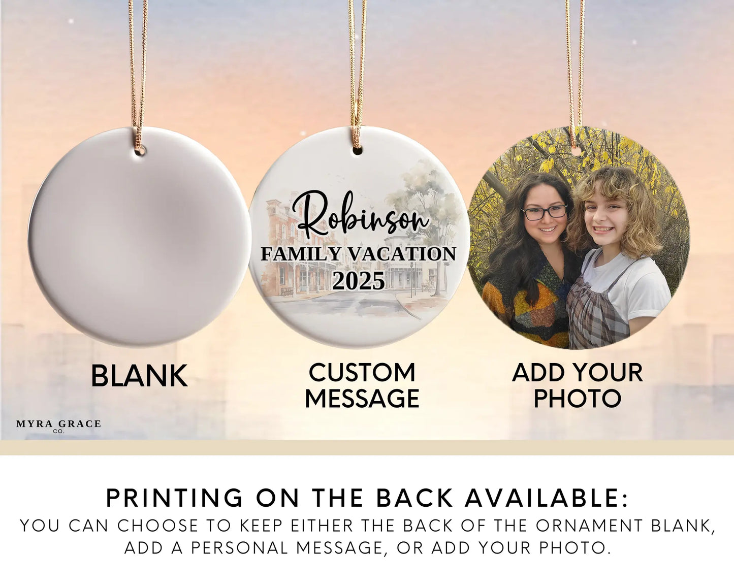 Custom Melbourne Australia ceramic photo ornament with personalized message – handmade Christmas bauble, gift souvenir, or vacation keepsake.  Add your photo