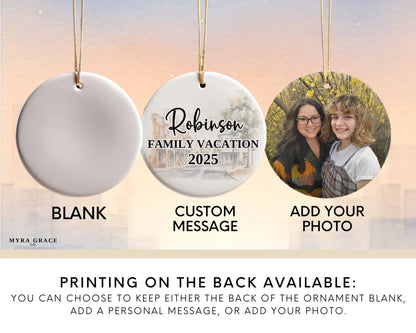 Custom Melbourne Australia ceramic photo ornament with personalized message – handmade Christmas bauble, gift souvenir, or vacation keepsake.  Add your photo