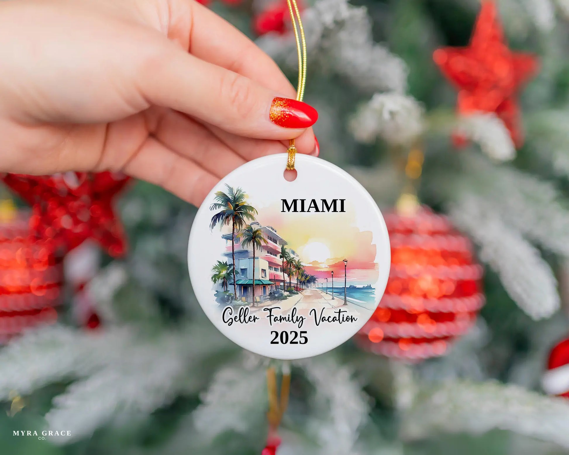 Custom vacation Miami Florida ceramic photo ornament with personalized message – handmade Christmas bauble, gift souvenir, or vacation keepsake. 