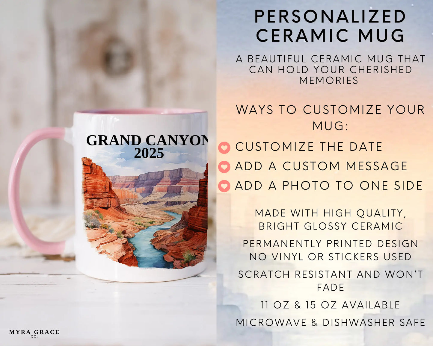 Custom ceramic Grand Canyon vacation mug with watercolor location design, date, and personal photo – personalized travel gift or photo mug. Infographic