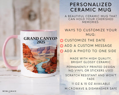Custom ceramic Grand Canyon vacation mug with watercolor location design, date, and personal photo – personalized travel gift or photo mug. Infographic