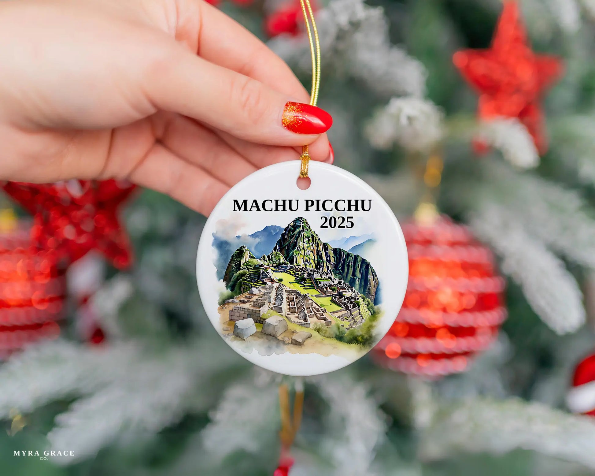 Custom Machu Picchu ceramic photo ornament with personalized message – handmade Christmas bauble, gift souvenir, or vacation keepsake.  
