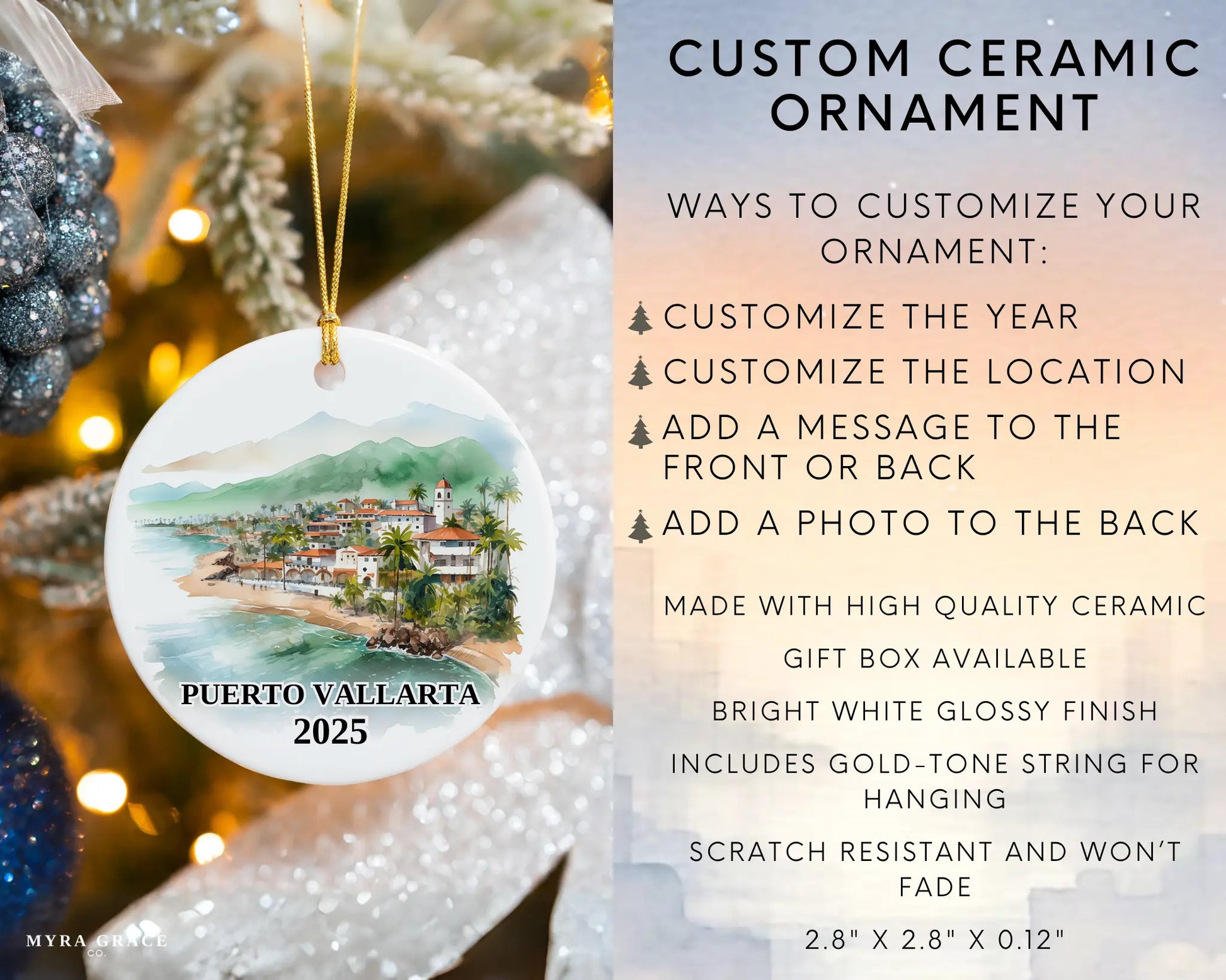 Custom Puerto Vallarta Mexico ceramic photo ornament with personalized message – handmade Christmas bauble, gift souvenir, or vacation keepsake.  Infographic