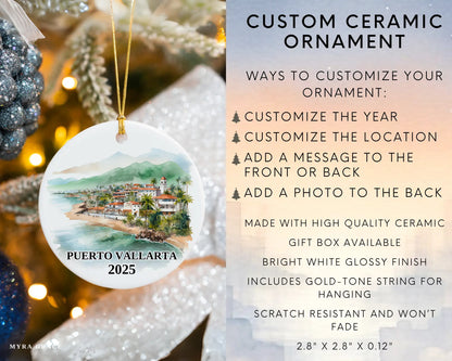 Custom Puerto Vallarta Mexico ceramic photo ornament with personalized message – handmade Christmas bauble, gift souvenir, or vacation keepsake.  Infographic