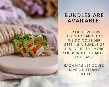 Heart-shaped custom grandpa ceramic photo magnet on fridge – handmade personalized gift or Christmas fridge magnet. Bundles are available