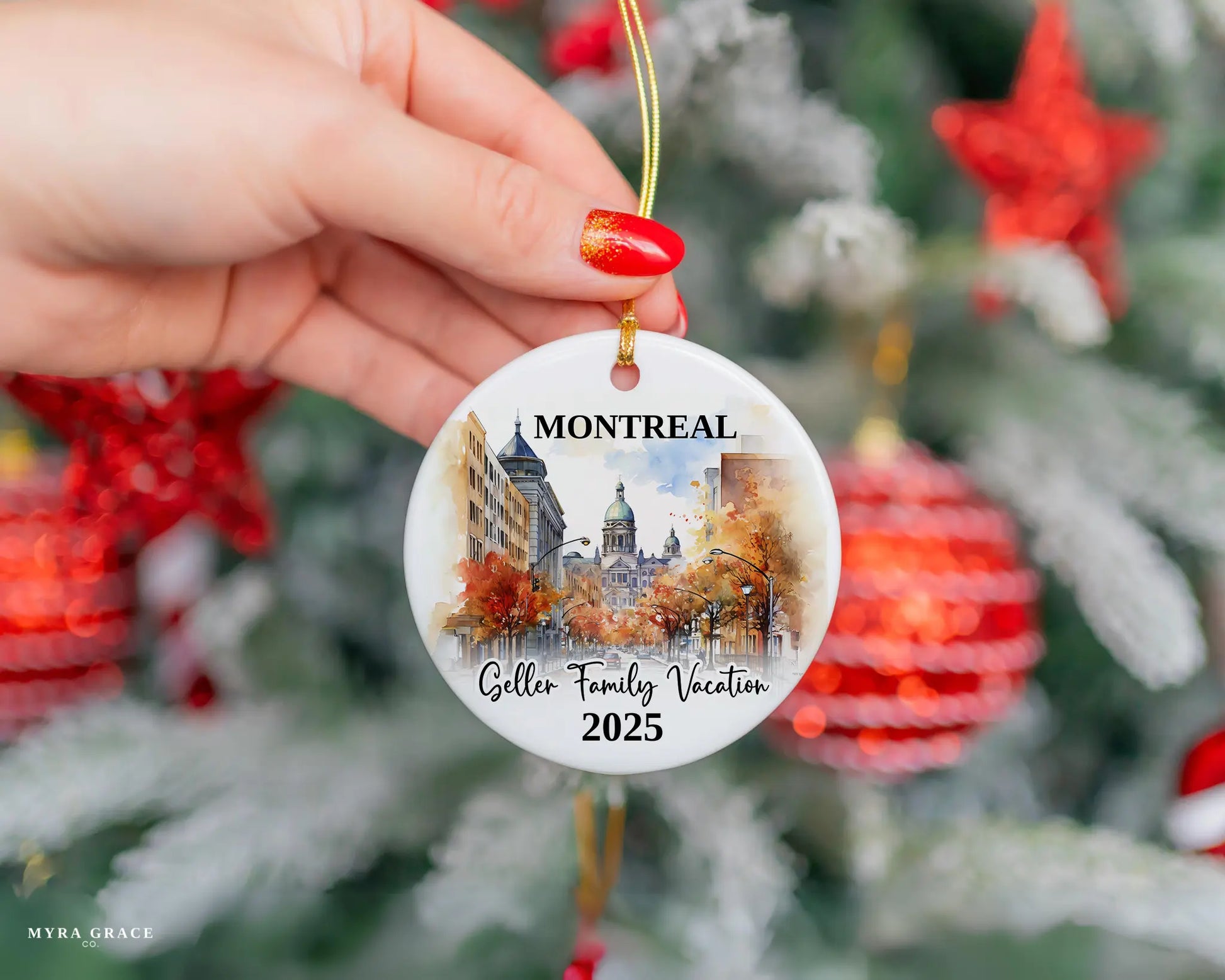 Custom vacation Montreal Quebec ceramic photo ornament with personalized message – handmade Christmas bauble, gift souvenir, or vacation keepsake. 