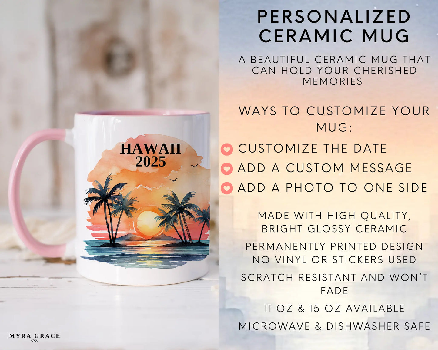 Custom ceramic Hawaii vacation mug with watercolor location design, date, and personal photo – personalized travel gift or photo mug. Infographic