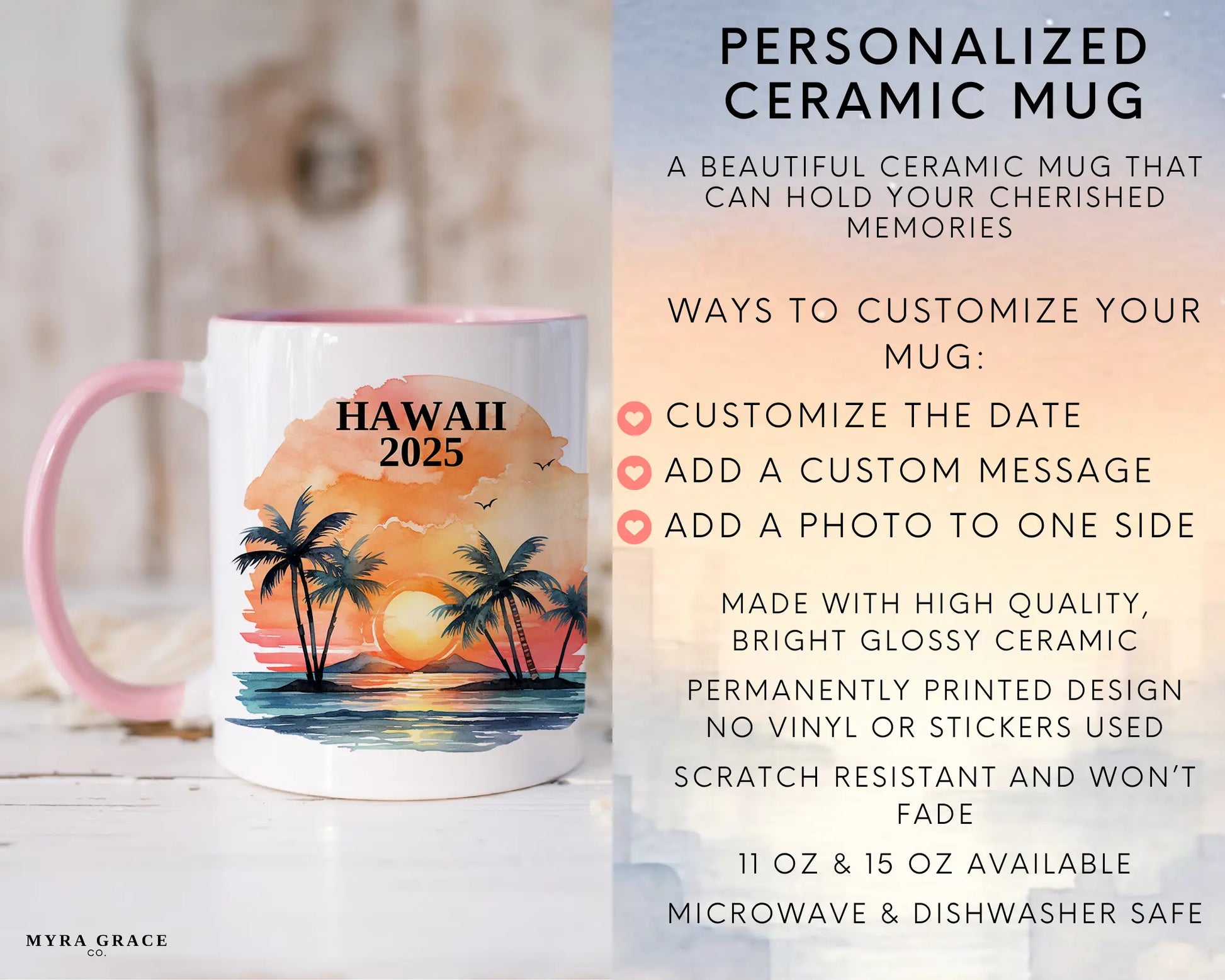 Custom ceramic Hawaii vacation mug with watercolor location design, date, and personal photo – personalized travel gift or photo mug. Infographic