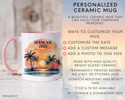 Custom ceramic Hawaii vacation mug with watercolor location design, date, and personal photo – personalized travel gift or photo mug. Infographic