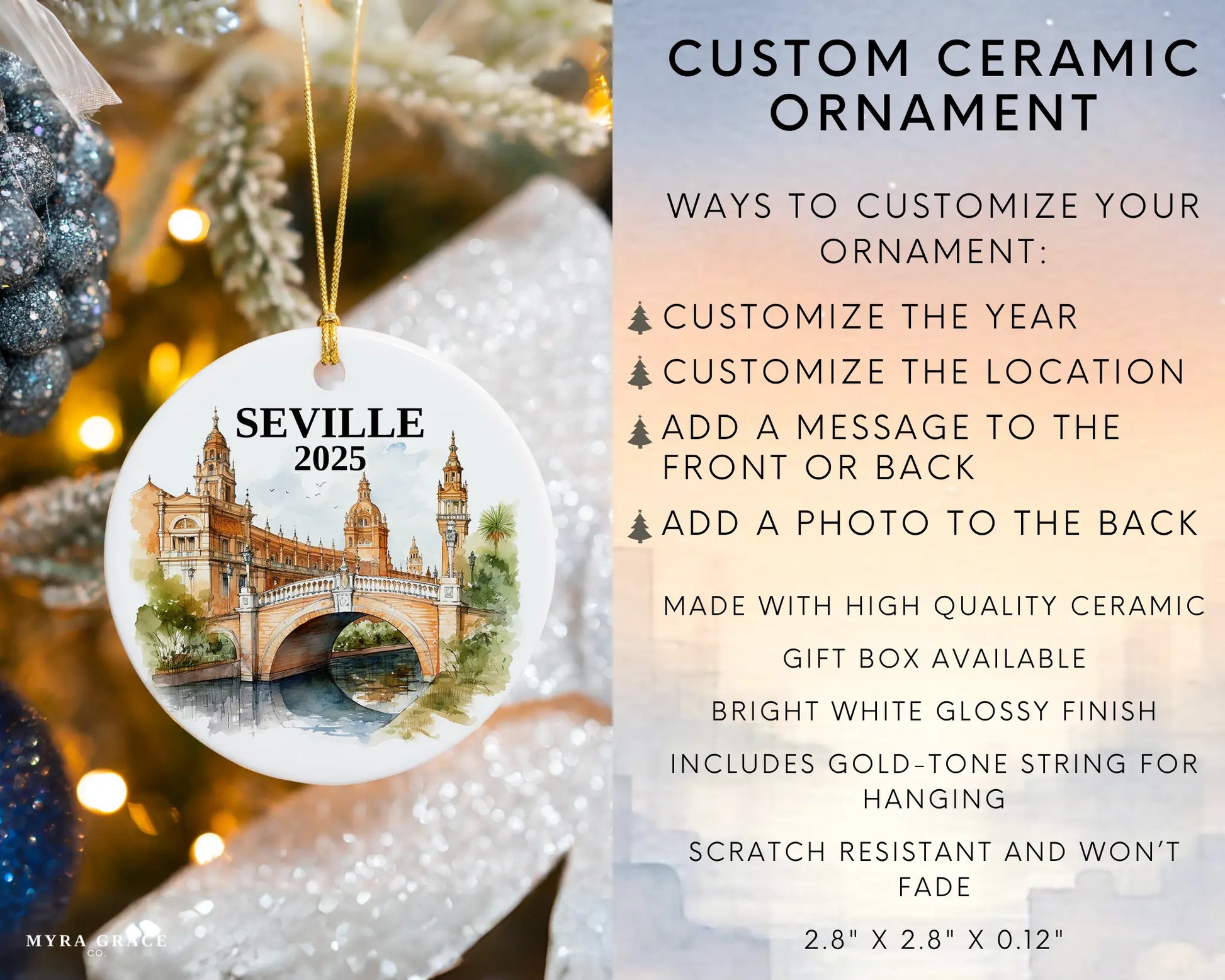 Seville Spain Ornament Custom Gift Souvenir Bauble. Custom Seville Spain ceramic photo ornament with personalized message – handmade Christmas bauble, gift souvenir, or vacation keepsake.  Infographic