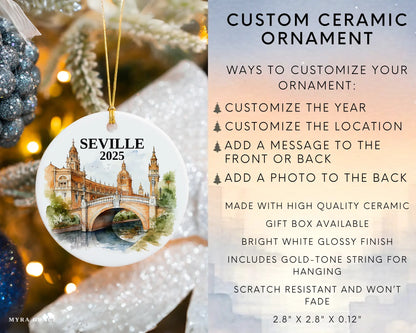 Seville Spain Ornament Custom Gift Souvenir Bauble. Custom Seville Spain ceramic photo ornament with personalized message – handmade Christmas bauble, gift souvenir, or vacation keepsake.  Infographic