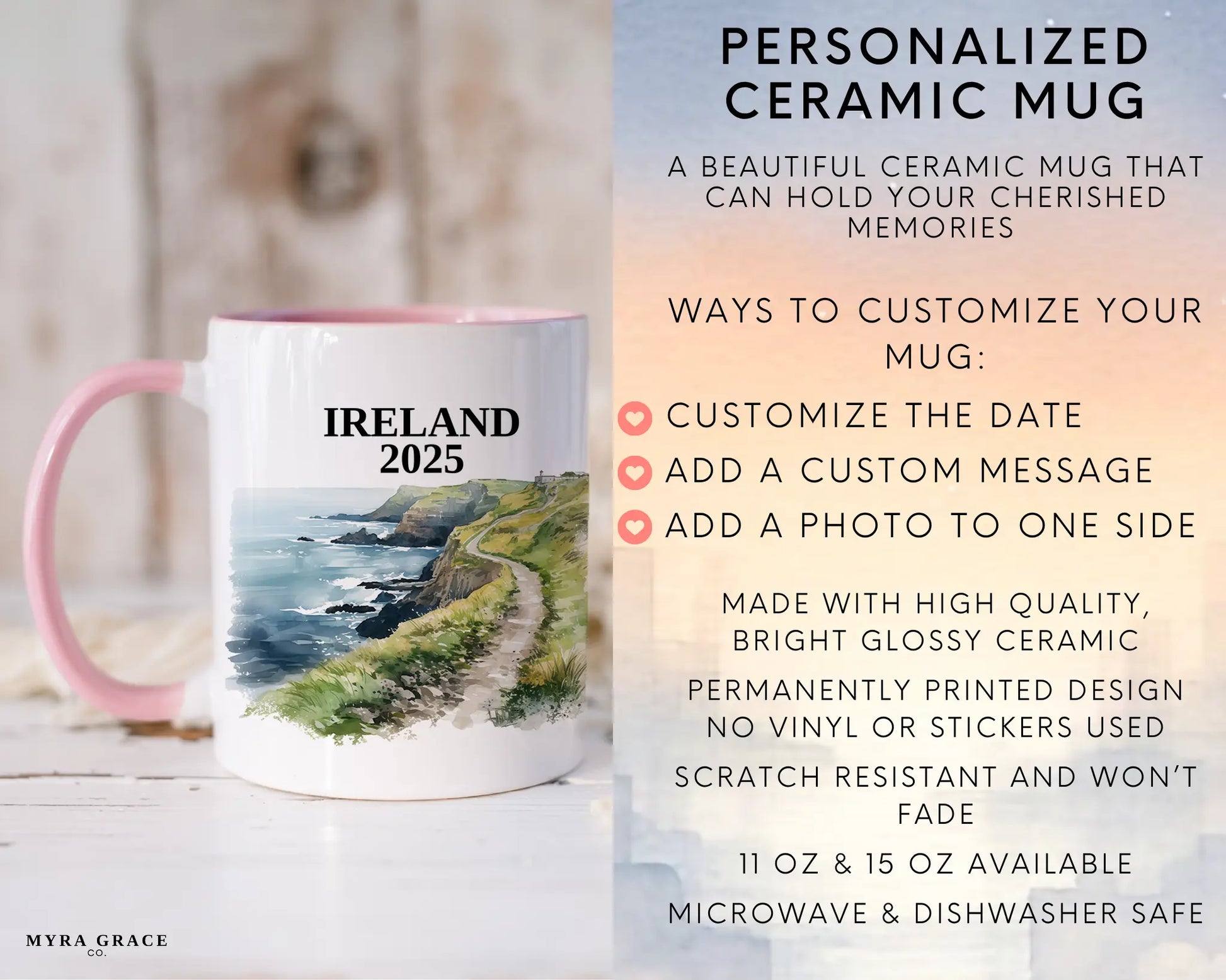 Custom ceramic Ireland Cliffs of Moher vacation mug with watercolor location design, date, and personal photo – personalized travel gift or photo mug. Infographic