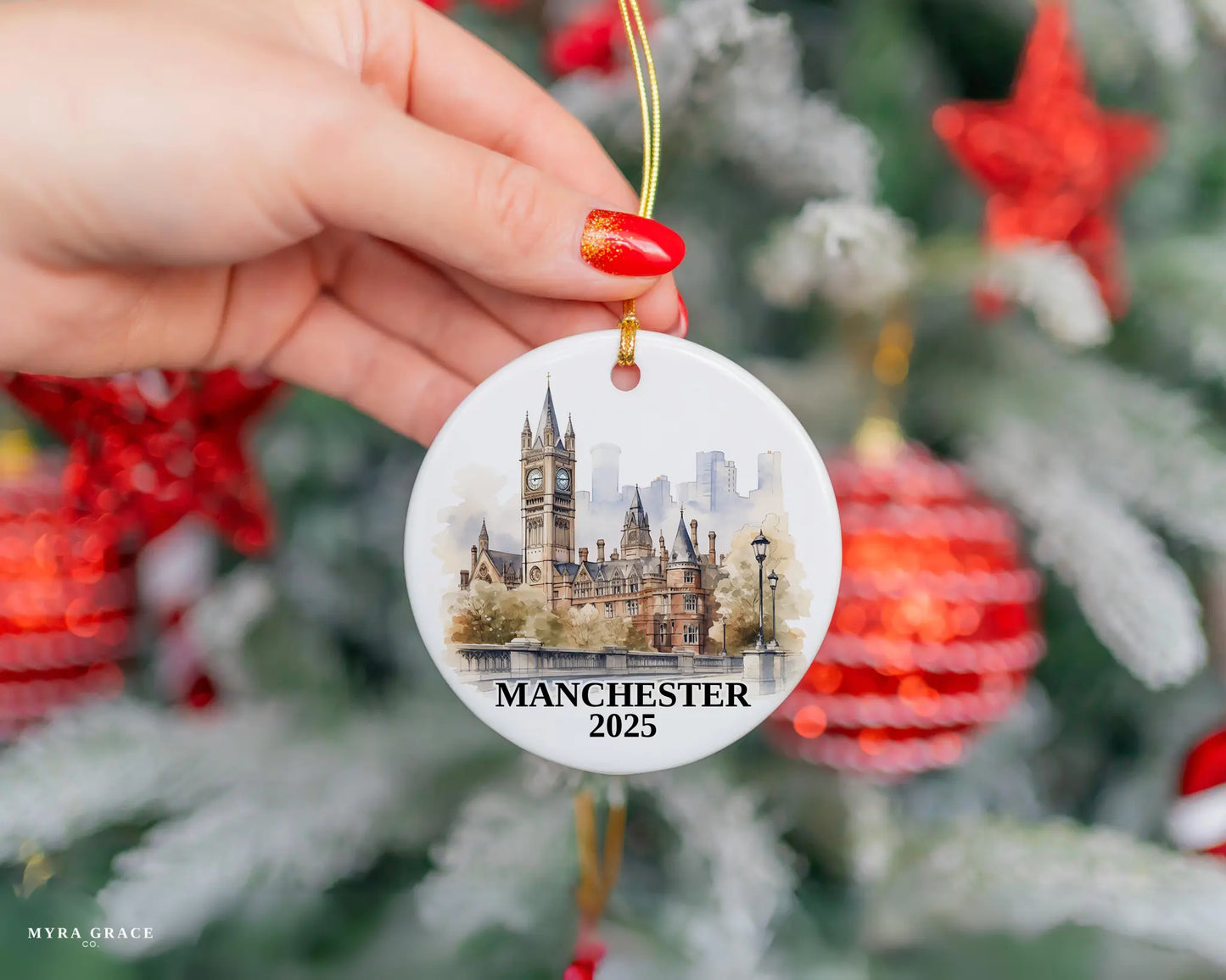 Custom Manchester UK ceramic photo ornament with personalized message – handmade Christmas bauble, gift souvenir, or vacation keepsake.  