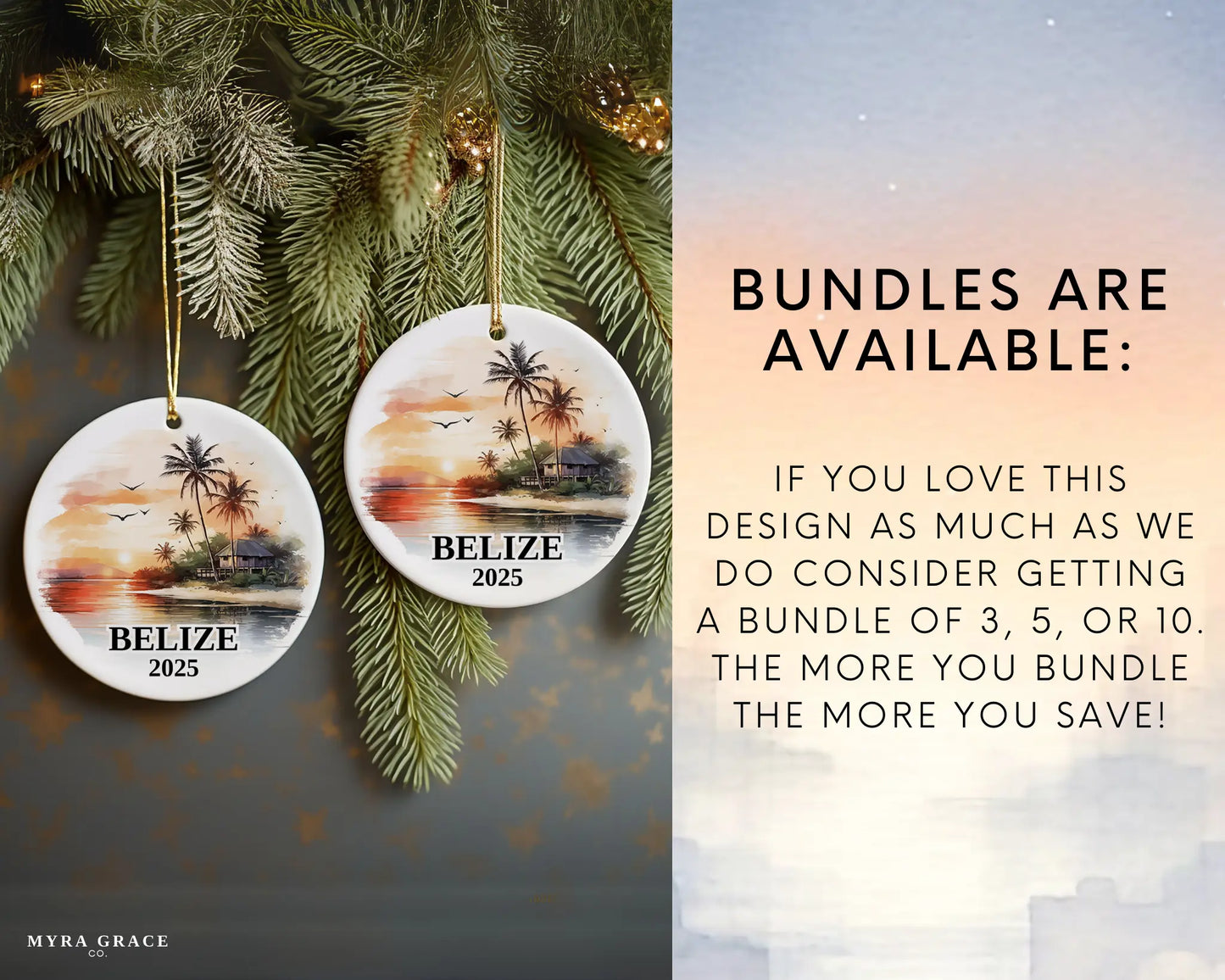 Custom Belize ceramic photo ornament with personalized message – handmade Christmas bauble, gift souvenir, or vacation keepsake.  Bundles are available