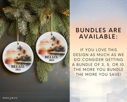 Custom Belize ceramic photo ornament with personalized message – handmade Christmas bauble, gift souvenir, or vacation keepsake.  Bundles are available