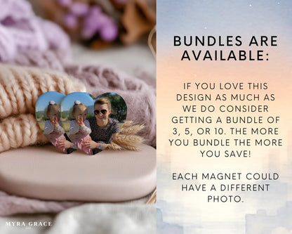 Heart-shaped custom mom ceramic photo magnet on fridge – handmade personalized gift or Christmas fridge magnet. Bundles are available