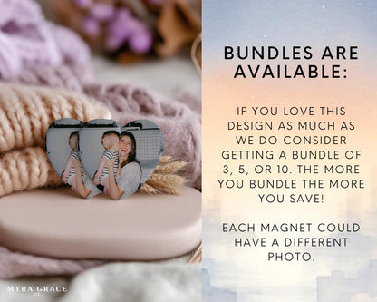 Heart-shaped custom mom ceramic photo magnet on fridge – handmade personalized gift or Christmas fridge magnet. Bundles are available