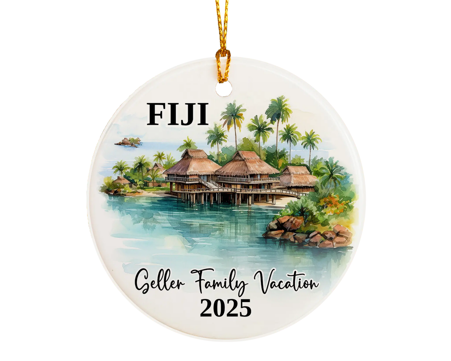 Custom vacation Fiji ceramic photo ornament with personalized message – handmade Christmas bauble, gift souvenir, or vacation keepsake. 
