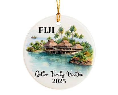 Custom vacation Fiji ceramic photo ornament with personalized message – handmade Christmas bauble, gift souvenir, or vacation keepsake. 