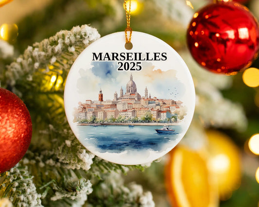 Custom Marseilles France ceramic photo ornament with personalized message – handmade Christmas bauble, gift souvenir, or vacation keepsake.  