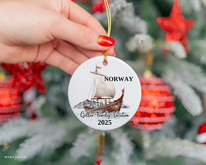 Custom vacation Norway ceramic photo ornament with personalized message – handmade Christmas bauble, gift souvenir, or vacation keepsake. 