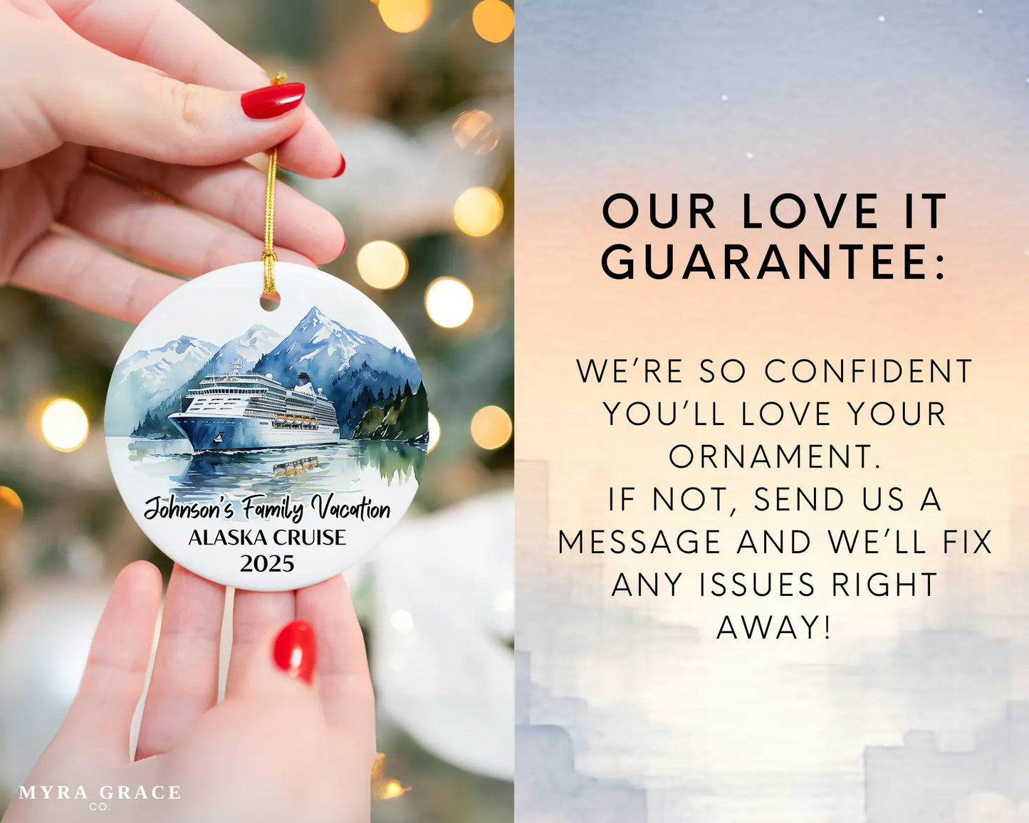 Handmade ceramic Alaska cruise ornament with personalized location and photo – custom Christmas bauble or cruise vacation souvenir. Love it guarantee