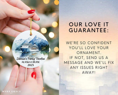 Handmade ceramic Alaska cruise ornament with personalized location and photo – custom Christmas bauble or cruise vacation souvenir. Love it guarantee