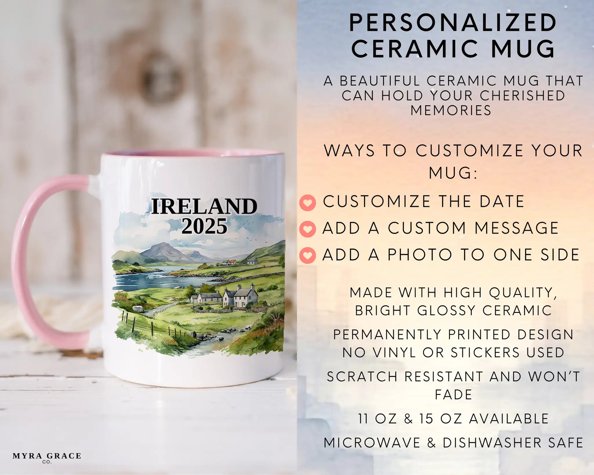 Custom ceramic Ireland vacation mug with watercolor location design, date, and personal photo – personalized travel gift or photo mug. Infographic